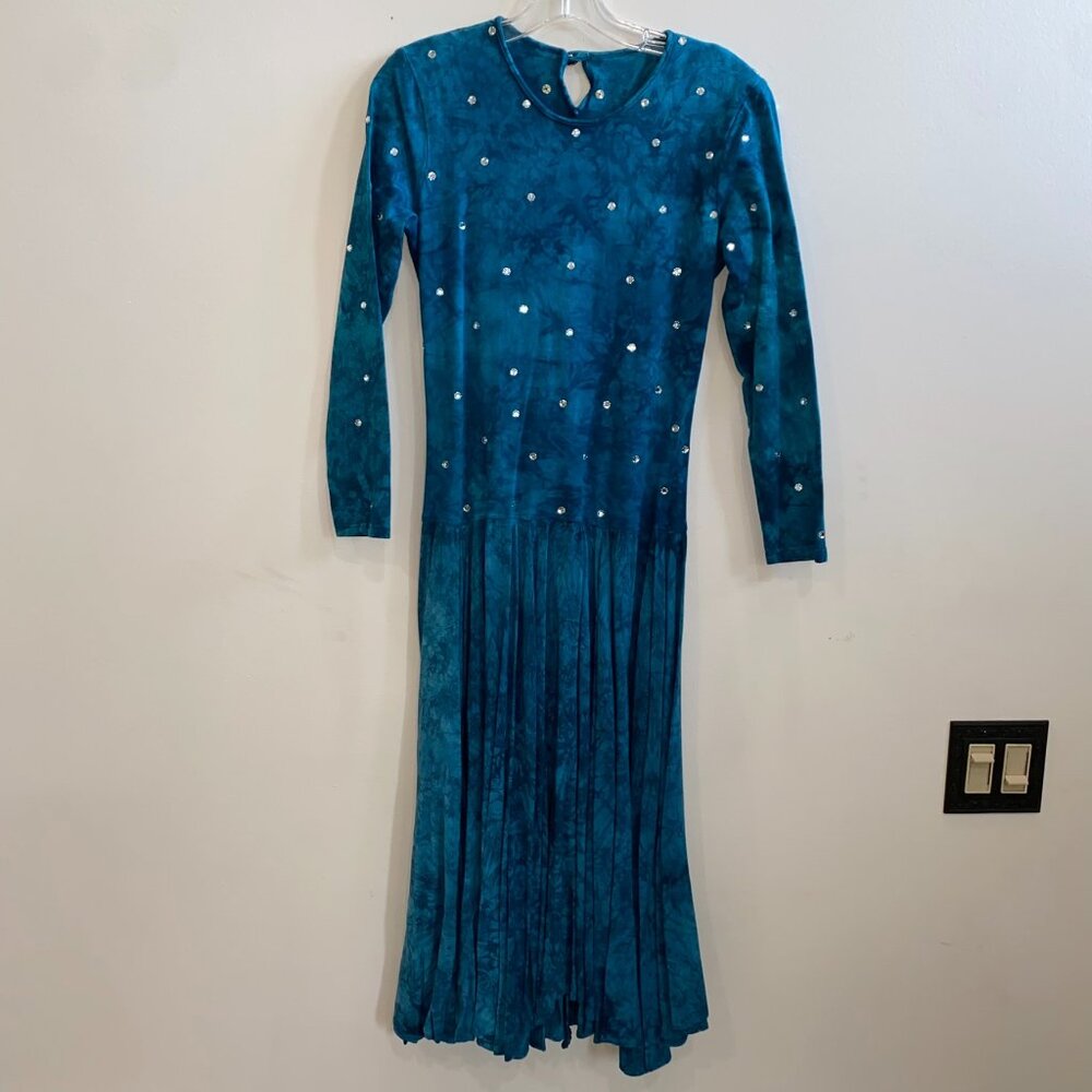 Vintage Blue Tie Dye Long Sleeve Drop Waist Dress with Rhinestone Embellishments